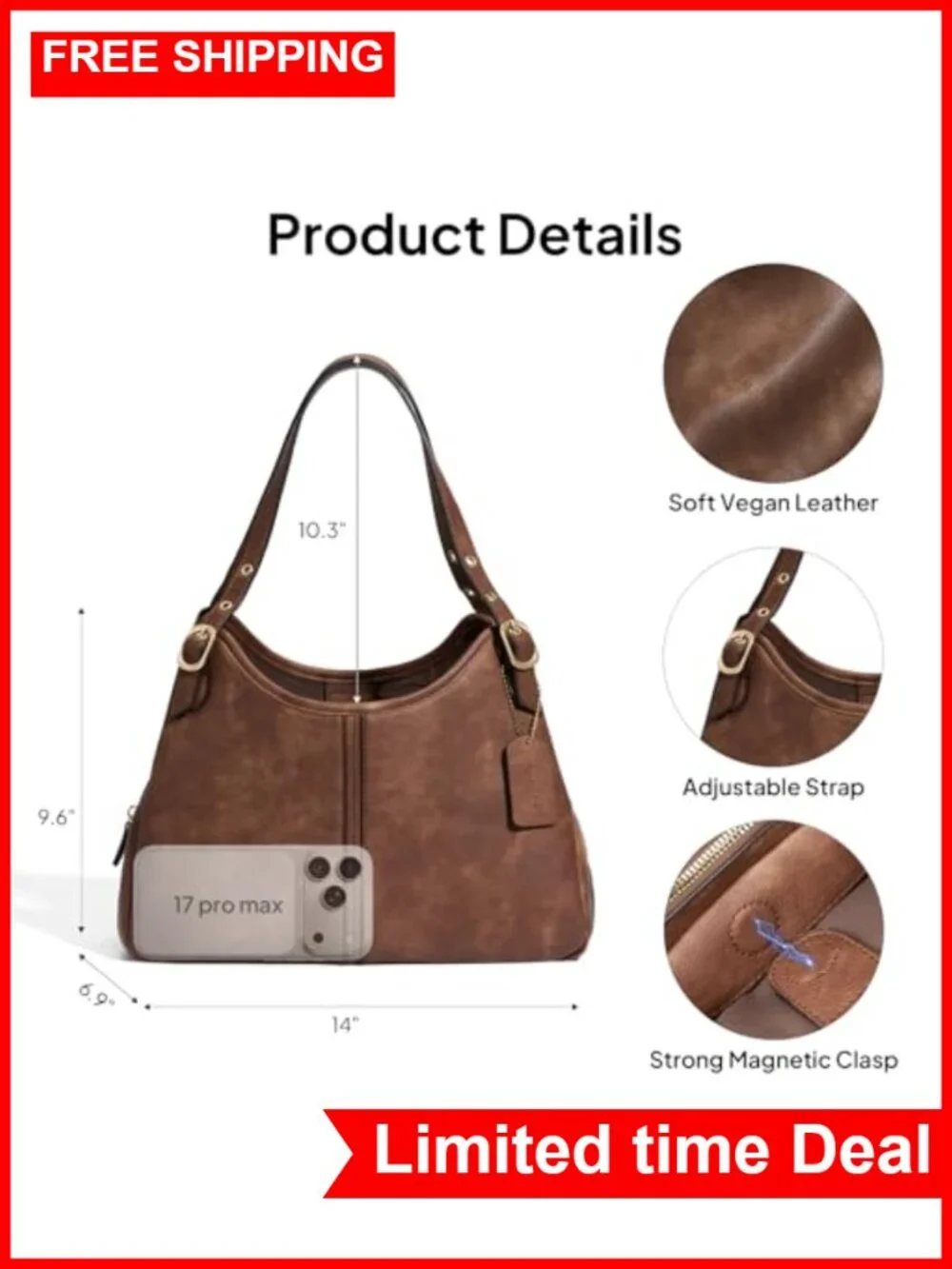 Vintage Hobo Handbag Women Soft PU Leather Shoulder Bag Adjustable Strap
